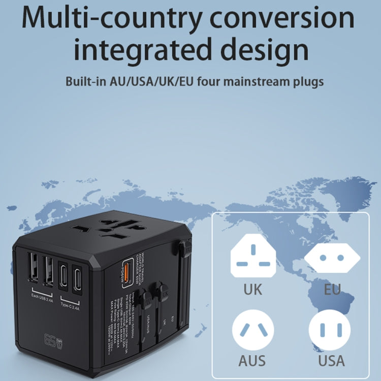 HHT905 PD 65W Dual USB+Dual Type-C Interface Multi-function Universal Travel Conversion Plug, 65W