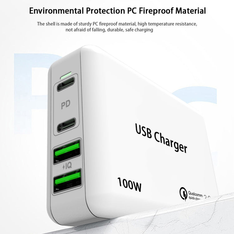 PD 100W Dual USB-C / Type-C + Dual USB 4-port Charger with Power Cable for Apple / Huawei / Samsung Laptop, EU Plug, US Plug, UK Plug