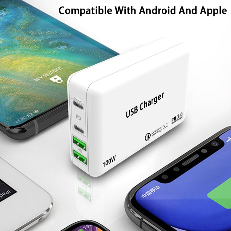 PD 100W Dual USB-C / Type-C + Dual USB 4-port Charger with Power Cable for Apple / Huawei / Samsung Laptop, EU Plug, US Plug, UK Plug
