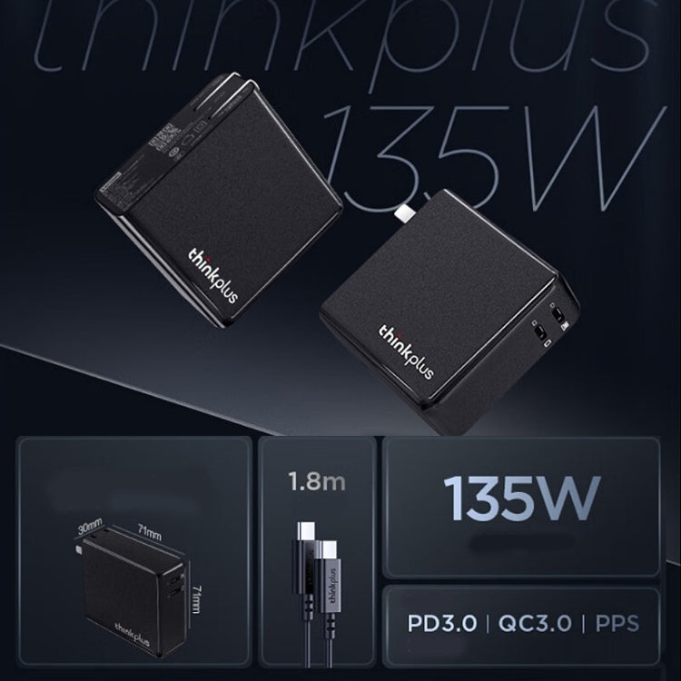Lenovo Thinkplus 135W GaN Dual USB-C/Type-C Port Power Adapter Fast Charger, 135W Dual Port